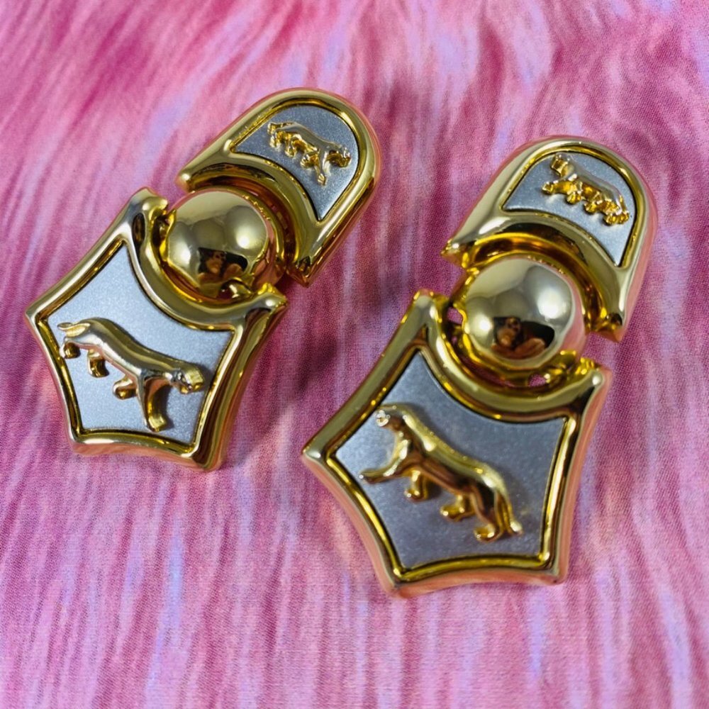 Killer vintage cool Two-Tone hinged panther clip earrings - Picture 2 of 4